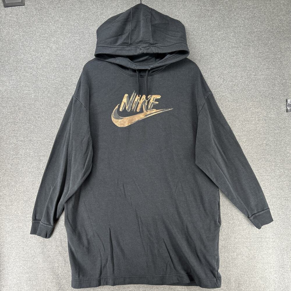 Nike Hoodie Sweatshirt Women XL Black Gold Spellout Logo Pullover Top Loungewear